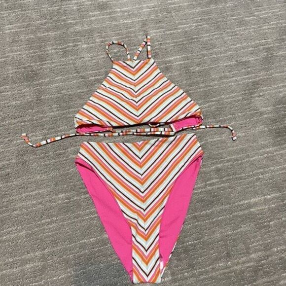 Hurley Pink Orange Sunset Stripe High Neck Bikini Set, XS NWOT - Picture 1 of 8